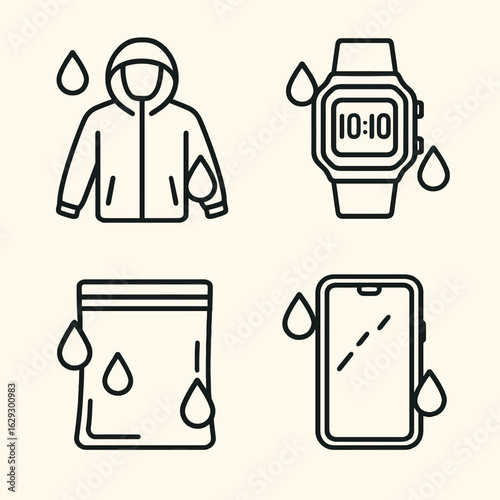 Set of waterproof gear icons. Essential items for wet conditions and protection. Vector design for digital use.