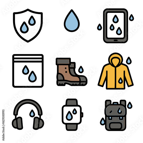 Set of waterproof gear icons. Essential items for wet conditions and protection. Vector design for digital use.