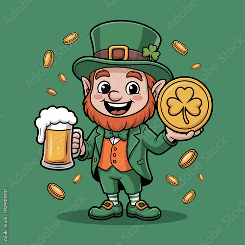 A joyful leprechaun in a green outfit smiles widely while holding a mug of beer and a shiny coin, surrounded by floating coins, perfect for celebrating festivities.