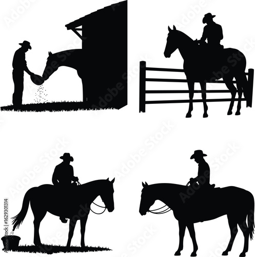 Silhouettes of Cowboys on Horses in Various Poses, Wild West Western Style, Horseback Riding, Cowboy Culture, Vintage Americana, Lone Rider, Desert Landscape, and Western Adventure Iconography, Black 