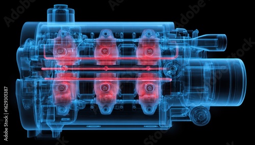 Translucent Blue V8 Engine: X-Ray View of Internal Combustion Power