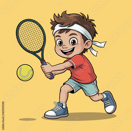This engaging illustration features a cheerful boy hitting a tennis ball with a racket, radiating enthusiasm and joy from sports activities, perfect for inspiring young athletes and sports lovers.