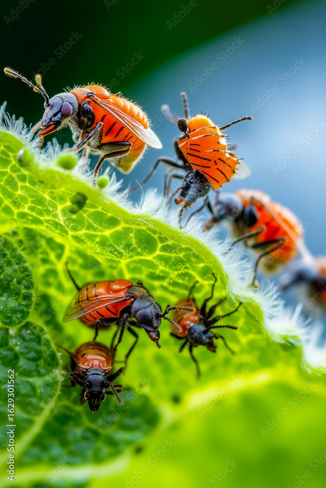 Fototapeta premium A group of bugs on a green leaf