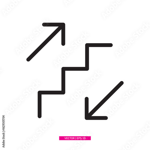 Stairs5-3 Stair line icon. Two way display staircase icon. On a black line staircase with rounded and slender ends on a white background. Down ward display icon. .eps