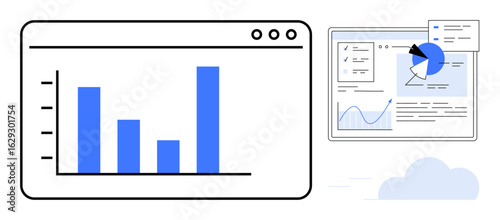 Bar chart, pie chart, and line graph displayed on data analysis dashboards. Ideal for business, analytics, financial planning, presentations, education, research technology explanation simple