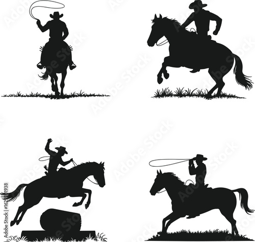 Silhouettes of Cowboys on Horses in Various Poses, Wild West Western Style, Horseback Riding, Cowboy Culture, Vintage Americana, Lone Rider, Desert Landscape, and Western Adventure Iconography, Black 