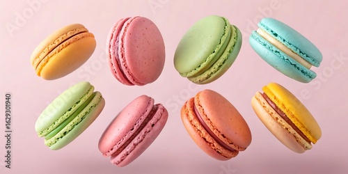 Wallpaper Mural Assortment of Colorful Macarons Floating Against a Soft Pink Background french macarons Torontodigital.ca