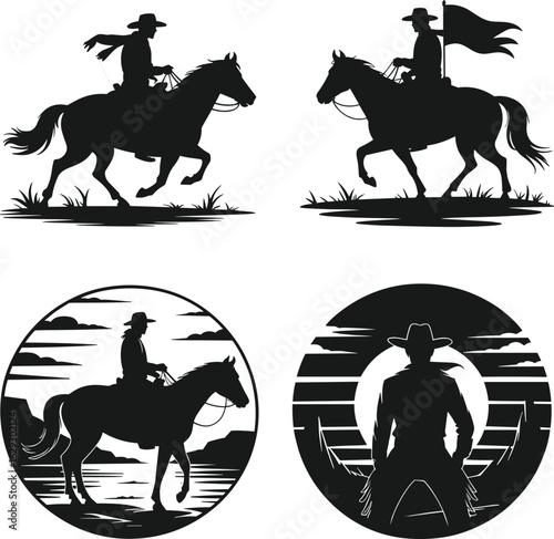 Silhouettes of Cowboys on Horses in Various Poses, Wild West Western Style, Horseback Riding, Cowboy Culture, Vintage Americana, Lone Rider, Desert Landscape, and Western Adventure Iconography, Black 