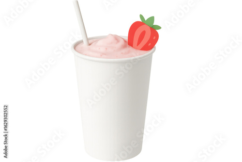 Creamy strawberry milkshake garnished with fluffy whipped cream, fresh strawberry slice, disposable cup, paper straw, transparent backdrop