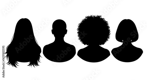 Diverse Hair Style Silhouettes: Long Bald Afro and Bob Cut.