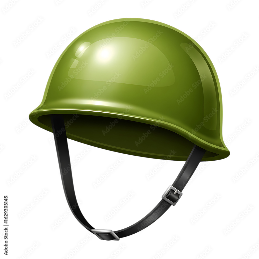 Fototapeta premium Green military helmet with chin strap isolated on transparent background