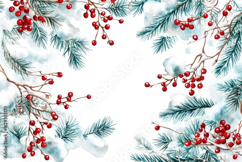 Watercolor winter border of snow-dusted pine branches and vibrant red berries, creating a festive, blank-centered design