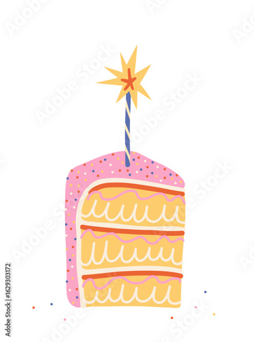 A piece of birthday cake with one candle and round confectionery sprinkles on a white background; cute simple hand drawn vector illustration; postcard, copy space; drawing, flat style