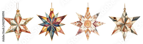 Four diverse watercolor star ornaments with geometric and tribal patterns isolate