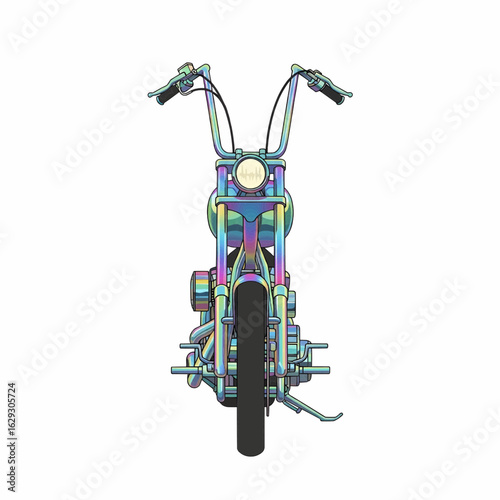 Vibrant multicolor psychedelic custom motorcycle with exaggerated tall handlebars