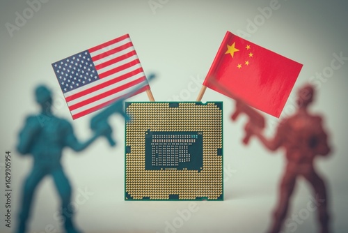 Soldier, CPU computer (central processing unit) US and Chinese flag on white background. US vs China chip war or tech war, semiconductor industry concept. US restrict and control chip export to China.