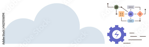 Cloud element linked with AI workflow diagram and gear icon symbolizing automation and energy flow. Ideal for technology, innovation, data management, AI models, automation, cloud infrastructure
