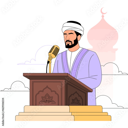 A man in traditional attire passionately addresses an audience at a podium, surrounded by serene clouds and a mosque in the background, capturing a moment of cultural expression.