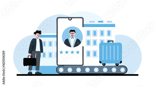 Man with briefcase next to phone showing hotel staff and suitcase on conveyor belt at hotel building