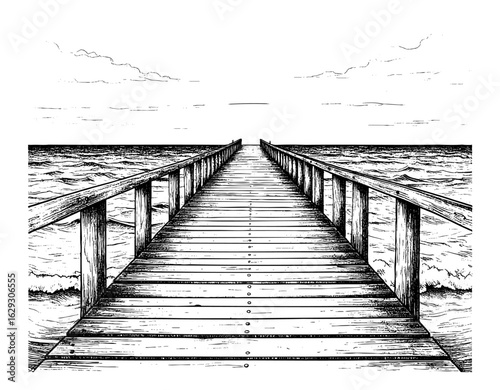 Wooden Pier Leading to the Horizon – Vintage Etching Seaside Scene