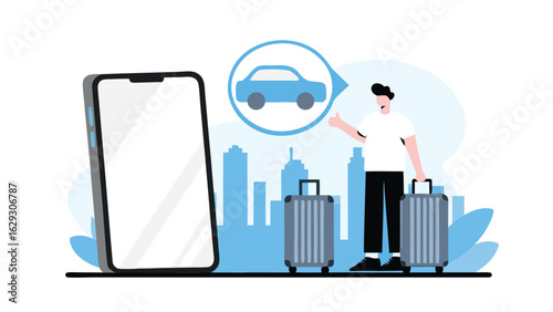 Illustration of a man with luggage using a phone app to call a car in a city background scene