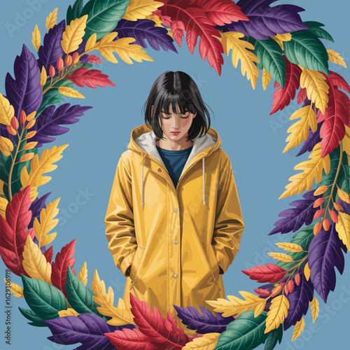 This image features a contemplative girl in a stunning yellow rain jacket, positioned within a vibrant frame of leaves, symbolizing introspection and the transition of the seasons.