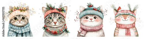 Four adorable watercolor cats wearing winter hats and scarves festive holiday decorations winter season transparent background