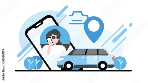 Illustration of a car with a location pin, a woman on a phone, and a mobile device screen