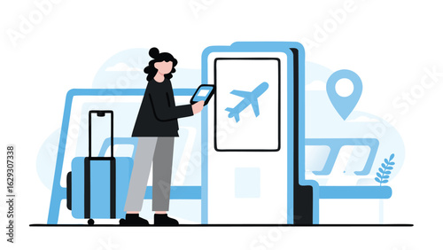 Woman using a kiosk at an airport with luggage and a waiting area with a location pin icon shown