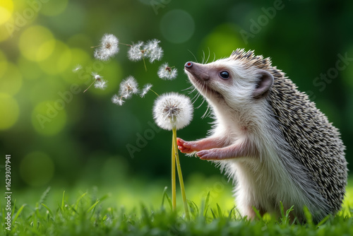 A hedgehog standing on its hind legs in the grass blowing a dandelion