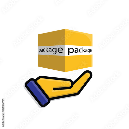 Package icon in hand. E-Commerce and Promotions. Cardboard box package. market, sale, buy. Isometric design style.