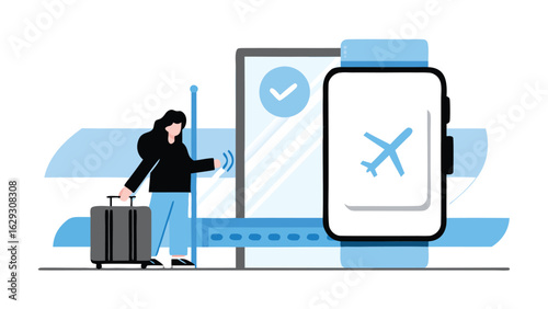 Woman checking in for a flight with a digital boarding pass on a mobile phone and luggage in airport