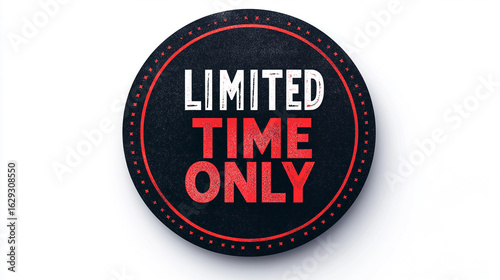 A black round badge with limited time only text in red and white on a white background isolated shot