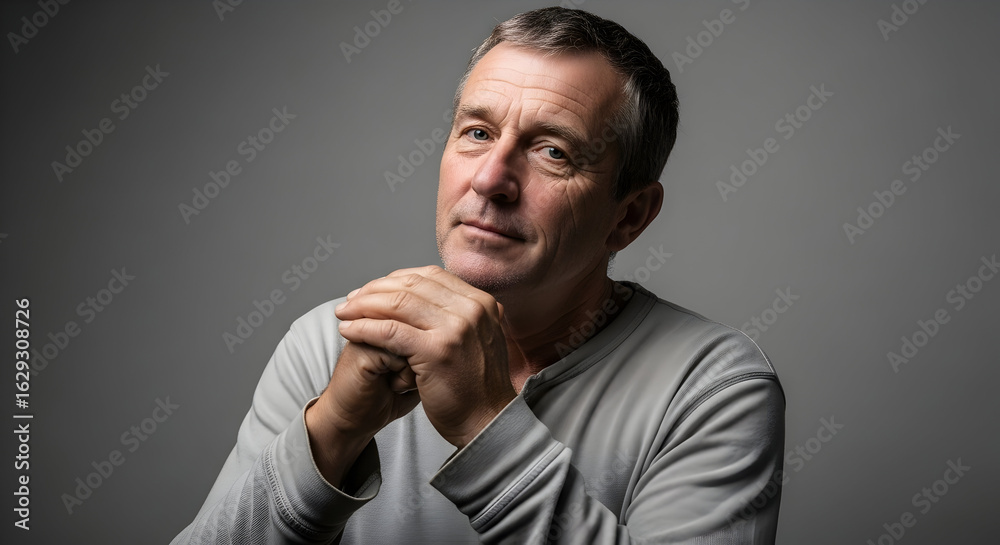 Fototapeta premium Thoughtful mature man with short dark hair and casual gray sweater looking contemplative against a plain gray background for professional or lifestyle use