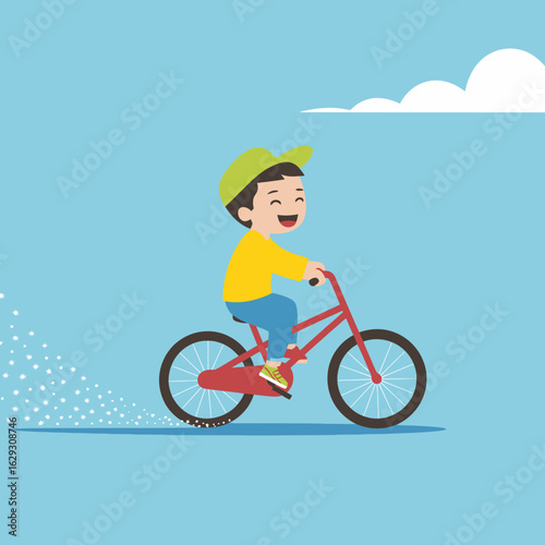 A delighted young boy cycles rapidly on a red bike, surrounded by a bright blue sky, with a sparkling trail hinting at his speed and excitement on a fun adventure.
