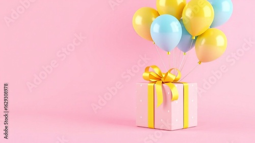 Happy pink gift box with heart balloons and festive ribbon for a birthday celebration