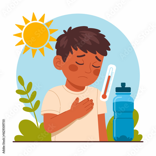 A saddened boy checks his thermometer while feeling unwell in the summer sun, with a water bottle next to him, expressing the struggles of staying healthy in hot weather.