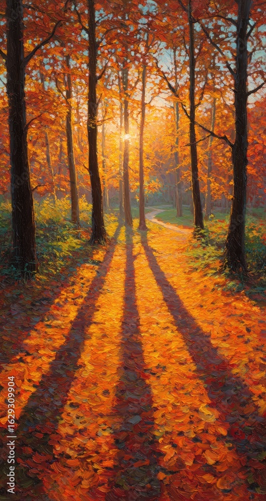 Fototapeta premium Autumnal forest path at sunrise. Long shadows stretch across a carpet of vibrant fall foliage, leading into a sun-drenched woodland