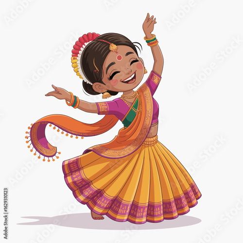 A lively girl performs a traditional dance with an expressive smile, showcasing her colorful attire and embodying the essence of joy and cultural celebration in a vibrant style.