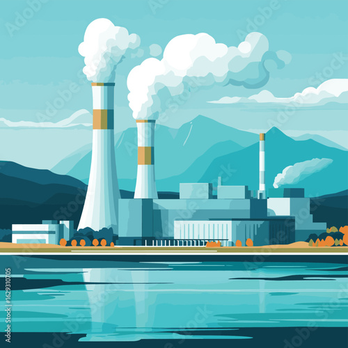 Create a detailed vector illustration of an offshore wind farm, showcasing turbines, support structures, and underwater cables