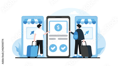 People interacting with online stores on mobile devices while traveling with luggage and dollar symbol 100