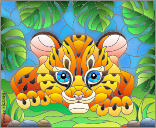 Illustration in stained glass style with baby leopard on the hunt, animal on the background of tropical leaves