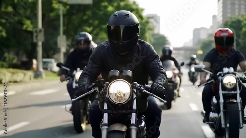 Group of motorcyclists on classic motorcycles in city street at daytime