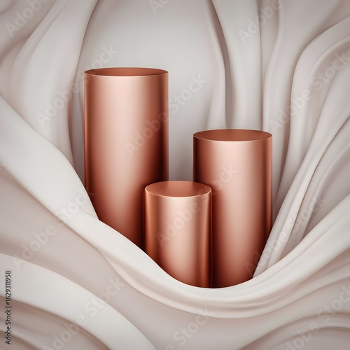 Product display podiums showcase stands rose gold cylinders on draped fabric background