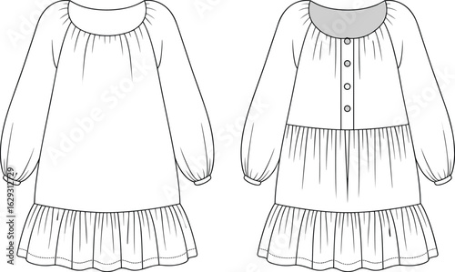 A vector illustration of a fashion drawing set showing a silhouette of a woman in a vintage wedding dress