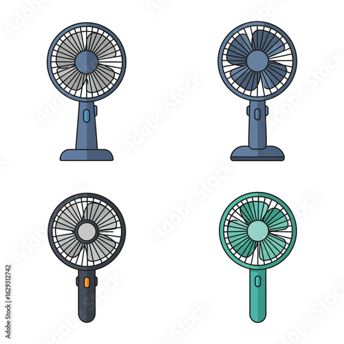 Four Small Portable Electric Fans vector illustration in Different Colors on White Background