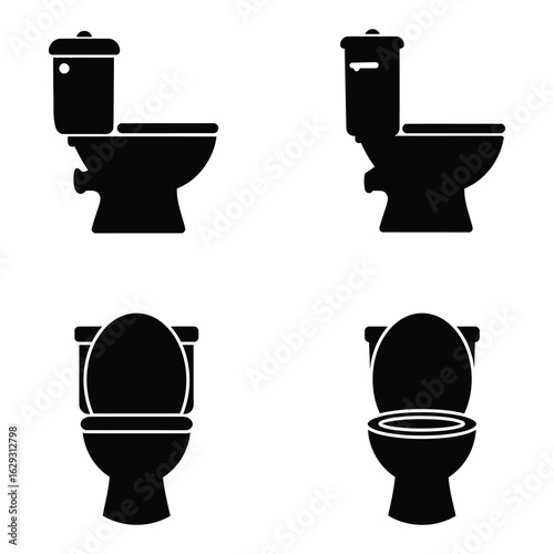 Toilet Bowl Icons in Black Silhouette Vector Illustration for Bathroom Design and Plumbing