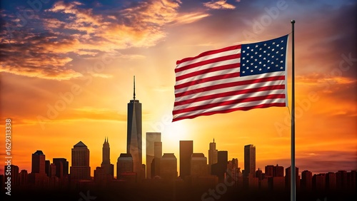 American flag waving in front of new york city skyline at sunset