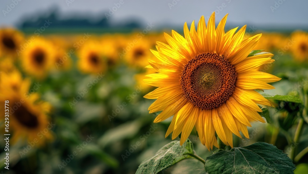 Fototapeta premium Vibrant Sunflower in Focus, Field of Sunflowers Blurred Background, Summer Day.