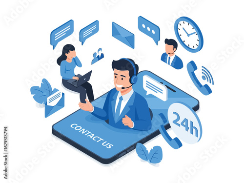 Customer service agents with headsets providing 24-hour online support through a smartphone interface.